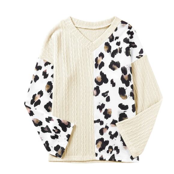 Beige Asymmetric Leopard Patchwork Wide Sleeve V Neck Sweater New  S, M - Picture 11 of 12